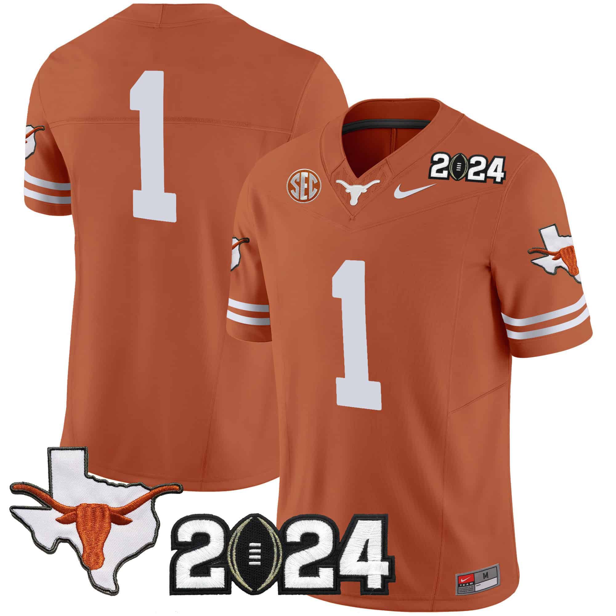 Men Texas Longhorns #1 No Name Orange 2024 Nike Vapor Limited NCAA Jersey style 1